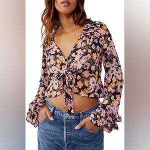 Free People Maybel Floral Black Combo Tie Front Blouse in Size Small NWT